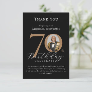 Simple Elegant Black Gold Photo 70th Birthday Thank You Card