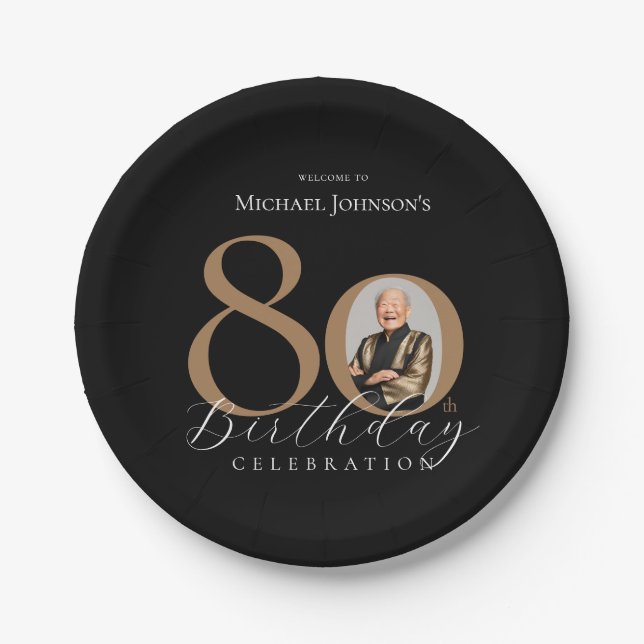 Simple Elegant Black Gold Photo 80th Birthday Paper Plate (Front)