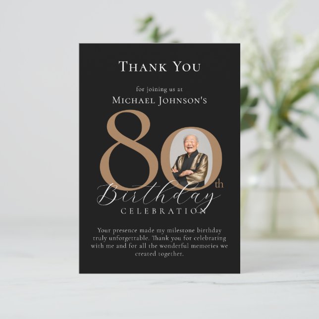 Simple Elegant Black Gold Photo 80th Birthday Thank You Card (Standing Front)