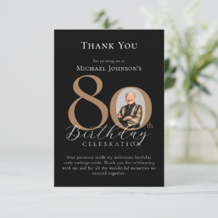 Simple Elegant Black Gold Photo 80th Birthday Thank You Card