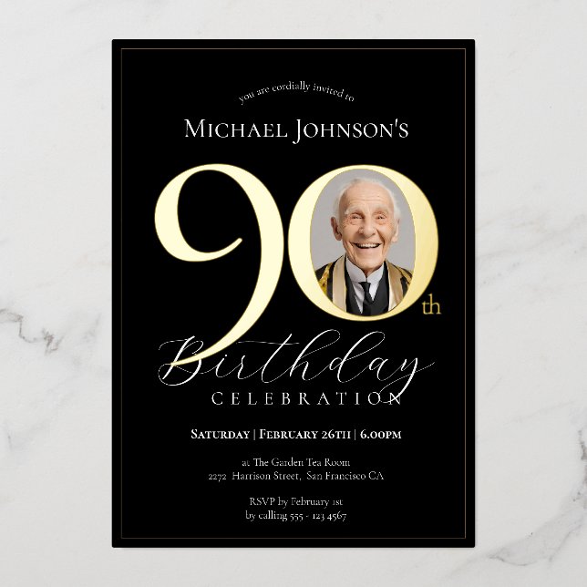 Simple Elegant Black Gold Photo 90th Birthday (Front)