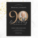 Simple Elegant Black Gold Photo 90th Birthday Invitation<br><div class="desc">Simple Elegant Black Gold Photo 90th Birthday Invitation. Celebrate a milestone birthday with our Black and Gold Simple Elegant invitation, perfect for adding a touch of sophistication to your special day. This customisable design features a sleek black background adorned with elegant gold accents, creating a timeless and classy look. Personalise...</div>