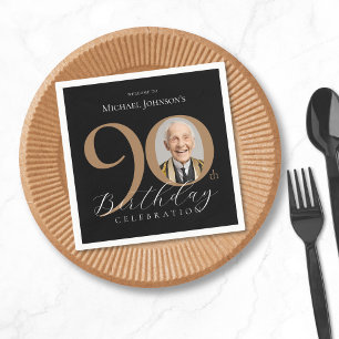 Simple Elegant Black Gold Photo 90th Birthday Napkin