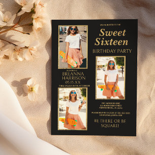 Simple Elegant Black Gold Photo Sweet Sixteen Invitation