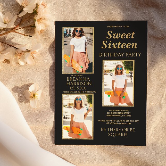 Simple Elegant Black Gold Photo Sweet Sixteen Invitation (Simple Elegant Black Gold Photo Sweet Sixteen)