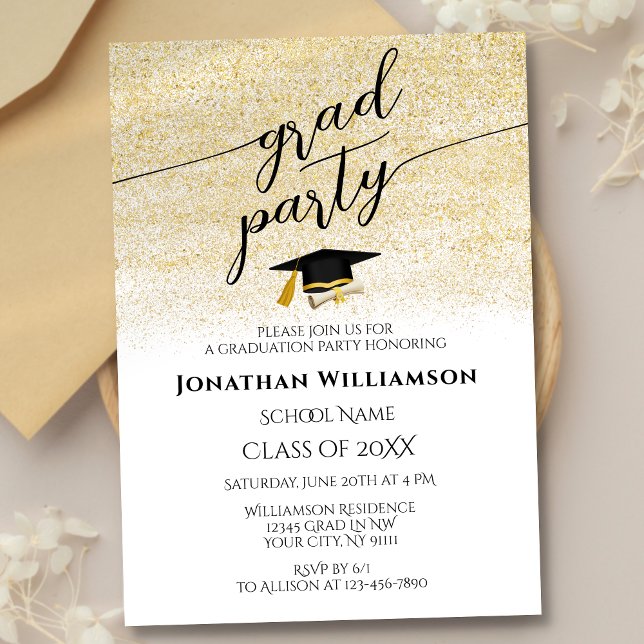 Simple Elegant Black Gold Script Graduation Party Invitation (Creator Uploaded)