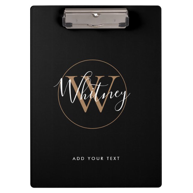 Simple Elegant Black Gold White Script Monogram Clipboard (Front)