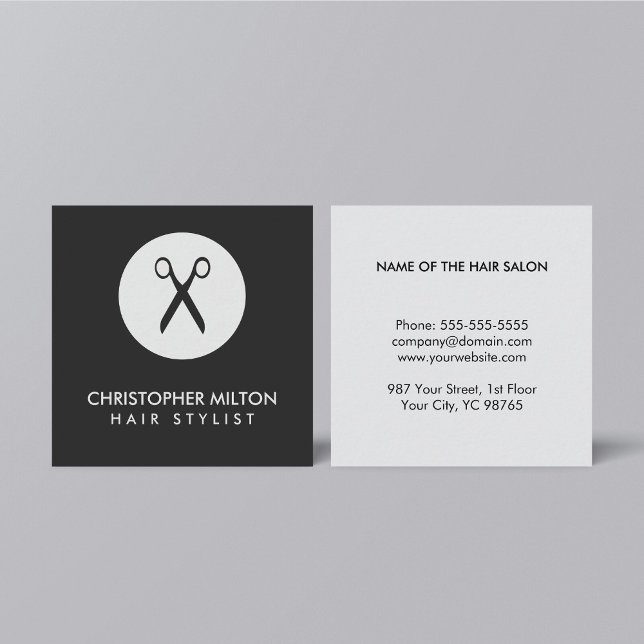 Simple Elegant Black Grey Hair Stylist Square Business Card (Creator Uploaded)