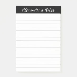 Simple Elegant Black Grey Lined Personalised Post-it Notes
