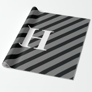 Simple Elegant Black Grey White Stripes Monogram Wrapping Paper