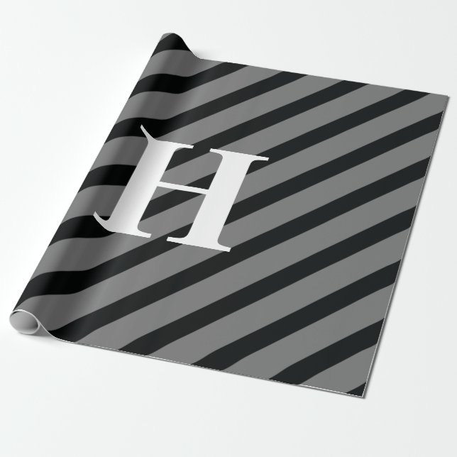 Simple Elegant Black Grey White Stripes Monogram Wrapping Paper (Unrolled)