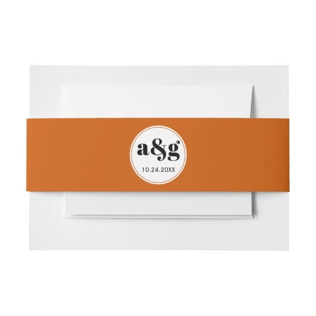 Simple elegant black initials burnt orange wedding invitation belly band (Front Example)