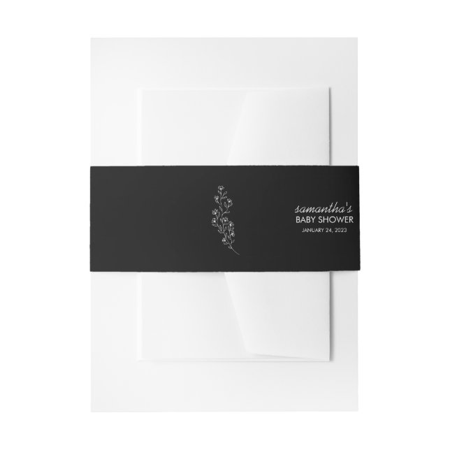 Simple Elegant Black Line Art Flower Invitation Belly Band (Front Example)