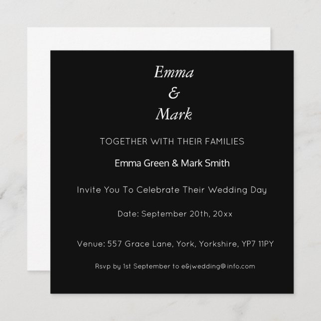Simple Elegant Black Modern Wedding Square Invitation (Front/Back)