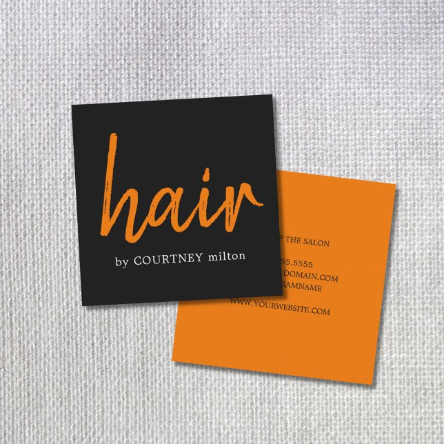 Simple Elegant Black Orange Hair Stylist Square Business Card (Creator Uploaded)