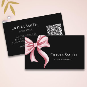 Simple Elegant Black Pink Bow QR Code Business Card