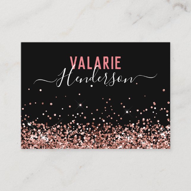 Simple Elegant Black Pink Script Glitter Business Card (Front)