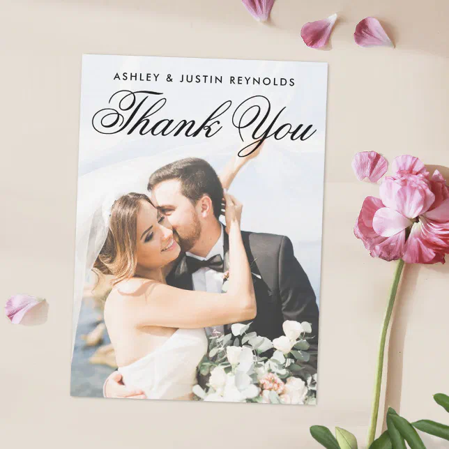 Simple Elegant Black Script Custom Photo Wedding Thank You Card | Zazzle