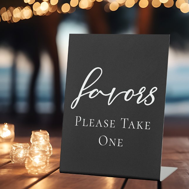 Simple Elegant Black Typography Wedding Favours Pedestal Sign (Creator Uploaded)