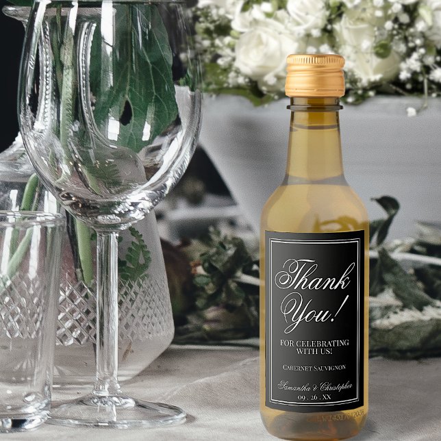 Simple Elegant Black Wedding Thank You Mini Wine Label (Creator Uploaded)