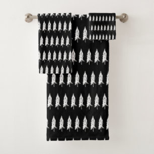 Simple Elegant Black & White Evergreen Trees Bath Towel Set