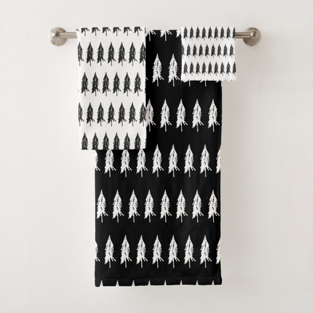 Simple Elegant Black & White Evergreen Trees Bath Towel Set (Insitu)