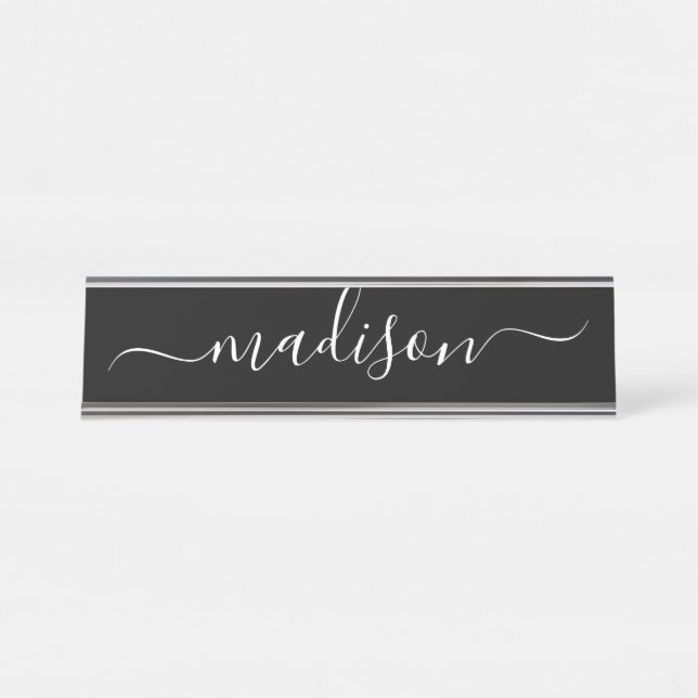 Simple Elegant Black White Feminine Script Name Desk Name Plate (Front)