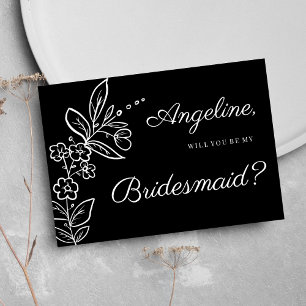 Simple elegant black white floral Bridesmaid Invitation