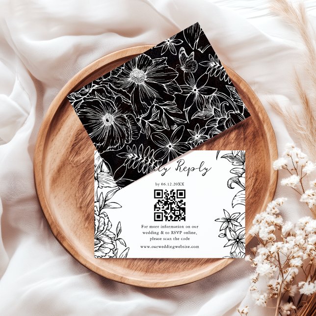 Simple Elegant Black White Floral QR Code Wedding RSVP Card (Creator Uploaded)
