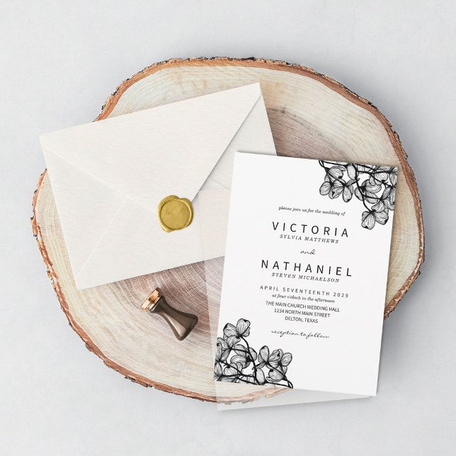 Simple Elegant Black White Floral Summer Wedding Invitation (Creator Uploaded)