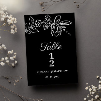Simple elegant black white floral Table Number