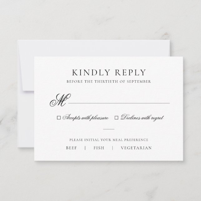 Simple Elegant Black & White Meal Choice Wedding RSVP Card (Front)