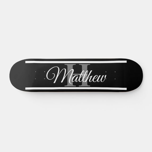 Simple Elegant Black White Monogram Custom Skateboard (Horz)