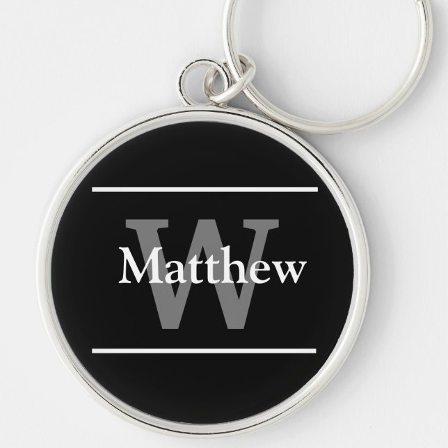 Simple Elegant Black White Monogram Initial Modern Key Ring (Front)