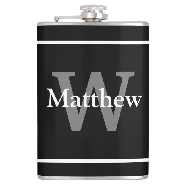 Simple Elegant Black White Monogram Monogrammed Hip Flask (Front)