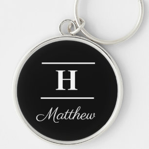 Simple Elegant Black White Monogram Name Stylish Key Ring