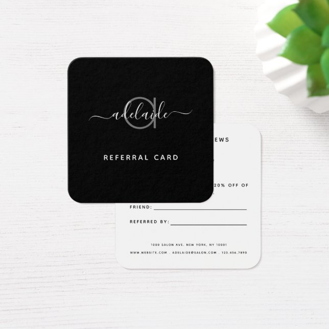 Simple Elegant Black White Monogram Referral Card (Desk)