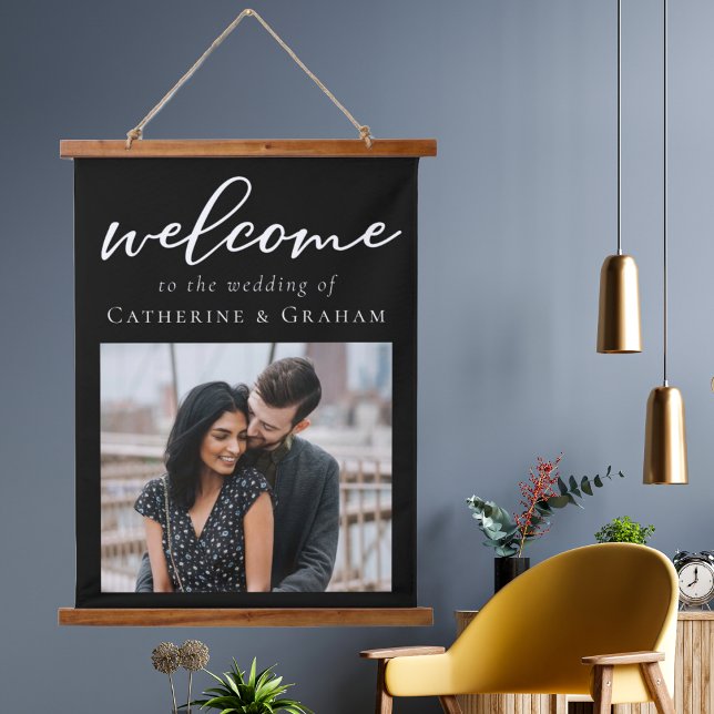 Simple Elegant Black White Script Photo Wedding Hanging Tapestry (Creator Uploaded)