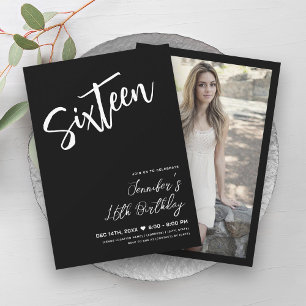 Simple Elegant Black White Sweet 16 Script Invitation