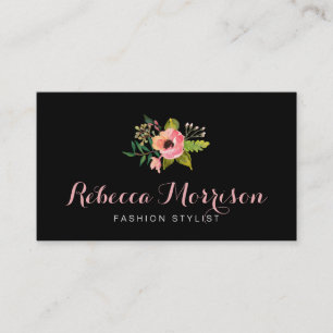Simple Elegant Black White Watercolor Floral Logo Business Card