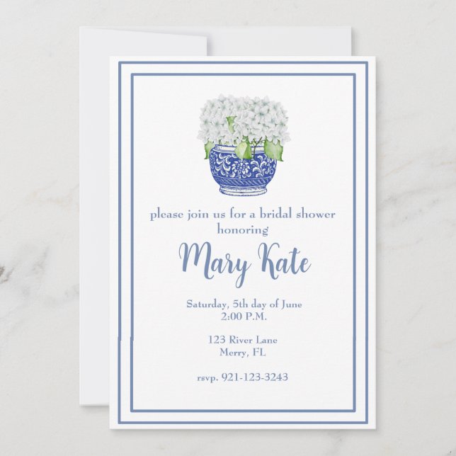 Simple Elegant Blue and White Bridal Shower Invitation (Front)