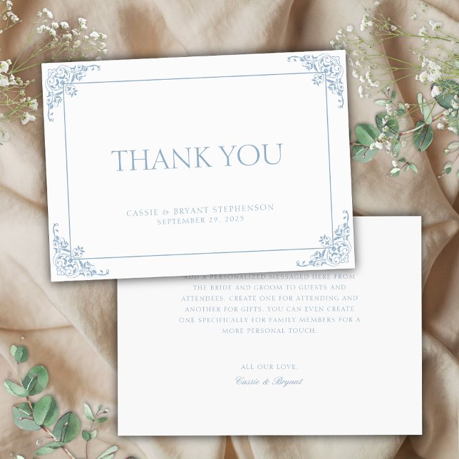 Simple Elegant Blue and White Regency Era Wedding Thank You Card (elegant blue and white wedding thank you cards with personalize message on chic vintage border)