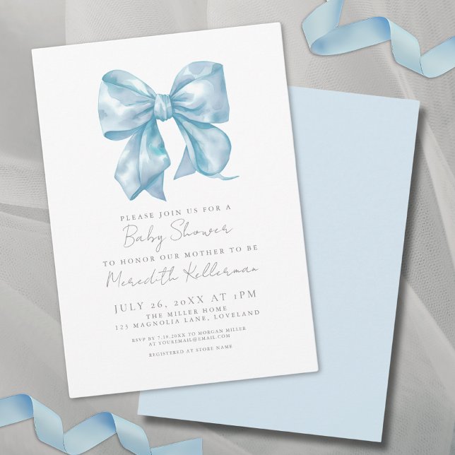 Simple Elegant Blue Bow Baby Shower Invitation (Simple Elegant Blue Bow Baby Shower Invitation)