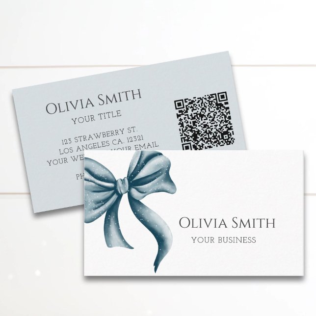 Simple Elegant Blue Bow QR Code Business Card (Creator Uploaded)