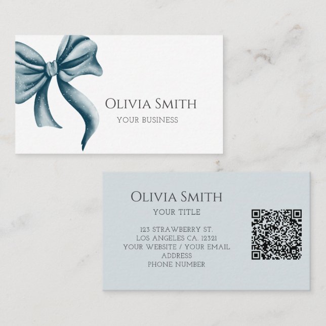 Simple Elegant Blue Bow QR Code Business Card (Front/Back)
