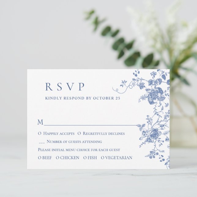 Simple Elegant Blue French Garden Floral Wedding RSVP Card (Standing Front)
