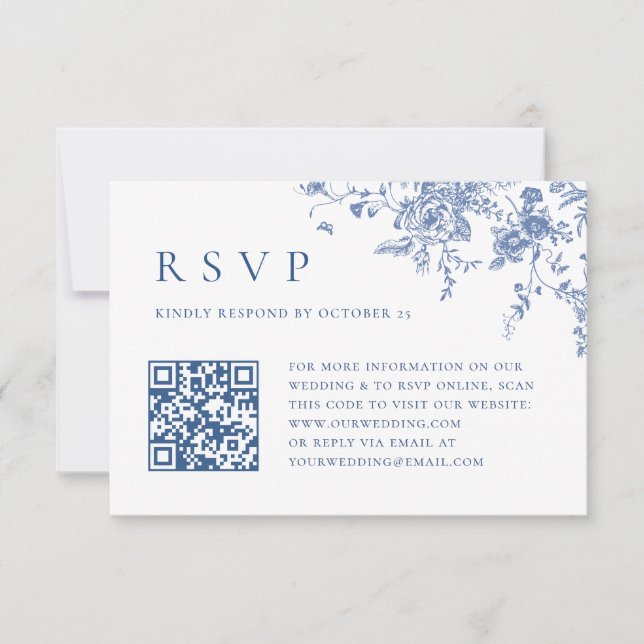 Simple Elegant Blue French Garden Wedding QR code RSVP Card (Front)
