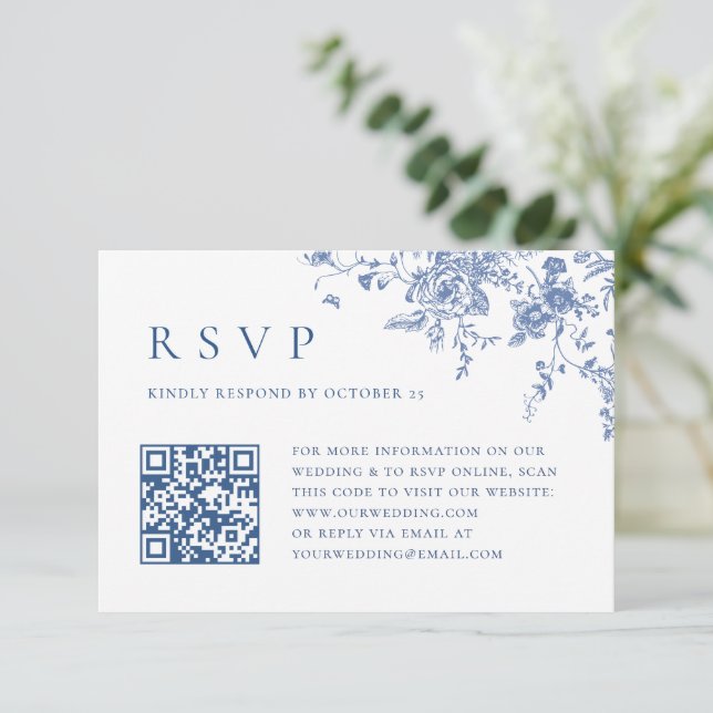 Simple Elegant Blue French Garden Wedding QR code RSVP Card (Standing Front)