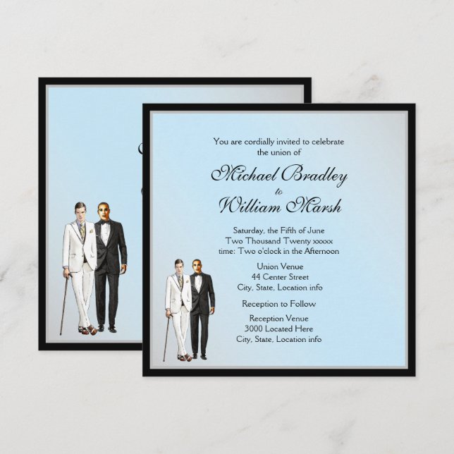 Simple Elegant Blue Gay Wedding Invite (Front/Back)