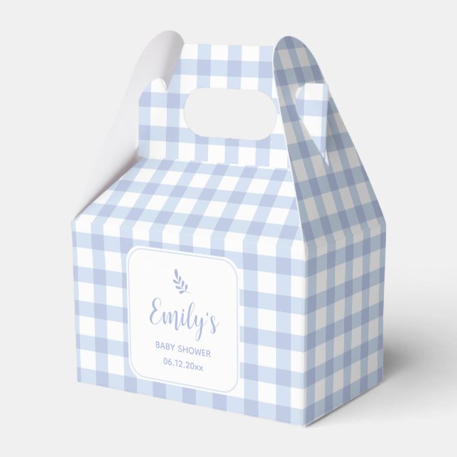 Simple Elegant Blue Gingham Plaid Boy Baby Shower Favour Box (Front Side)